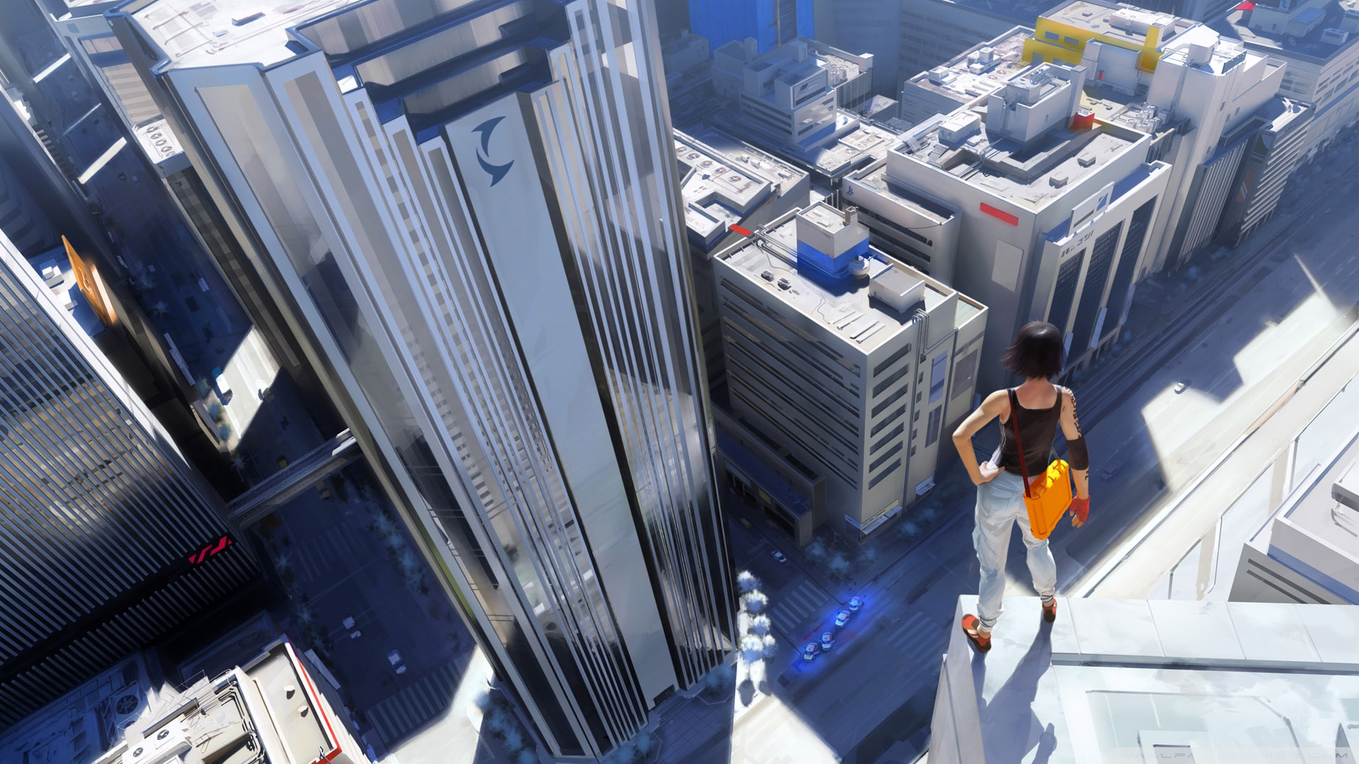 mirrors edge - faith standing on roof looking down on the streets